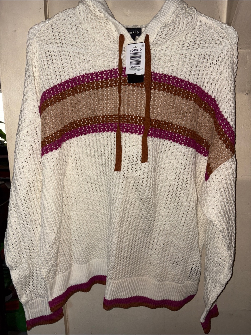 torrid Cream Open-Knit Hoodie Sweater with Pink & Brown Stripes